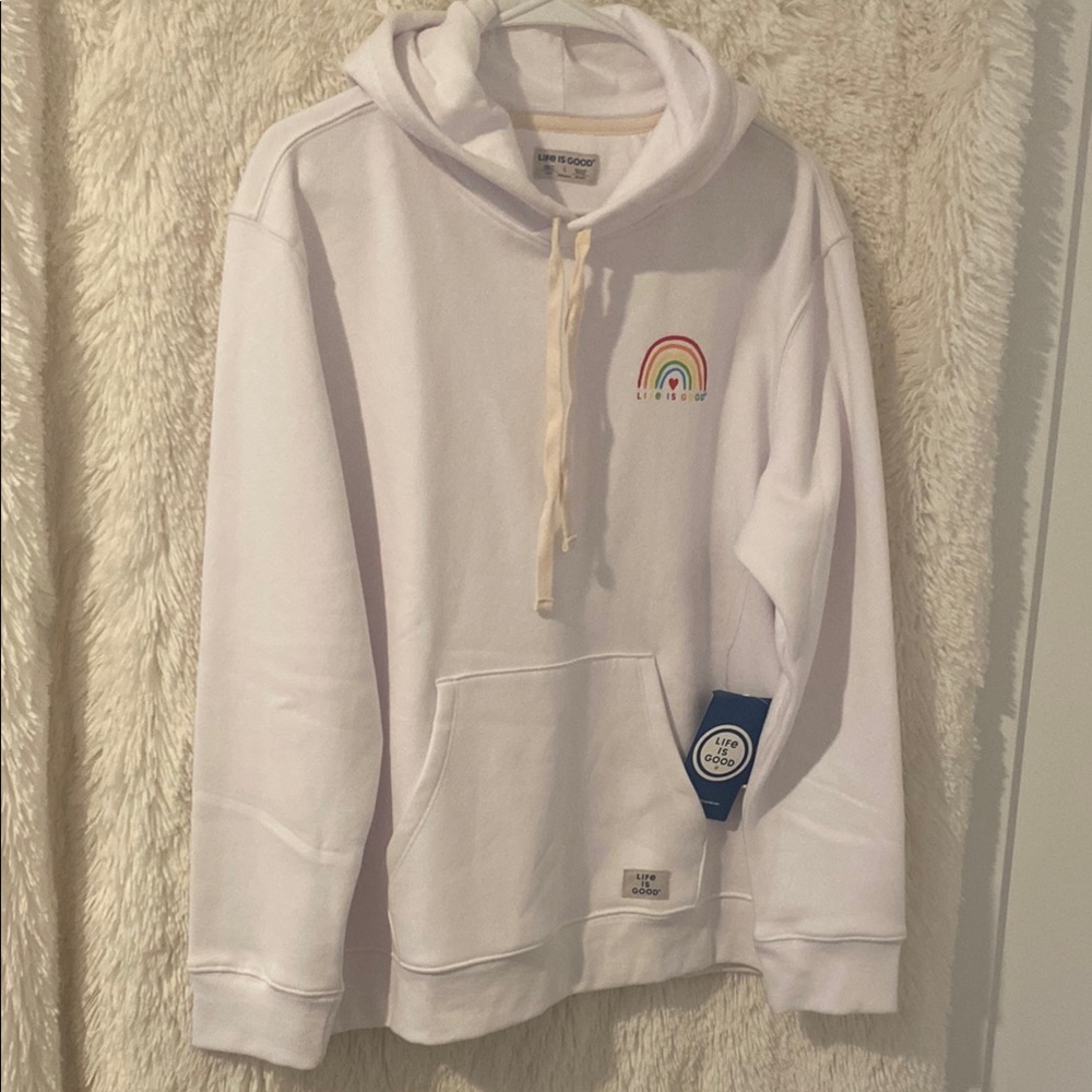 Life Is Good White and Red Hoodie with Rainbow Detail
